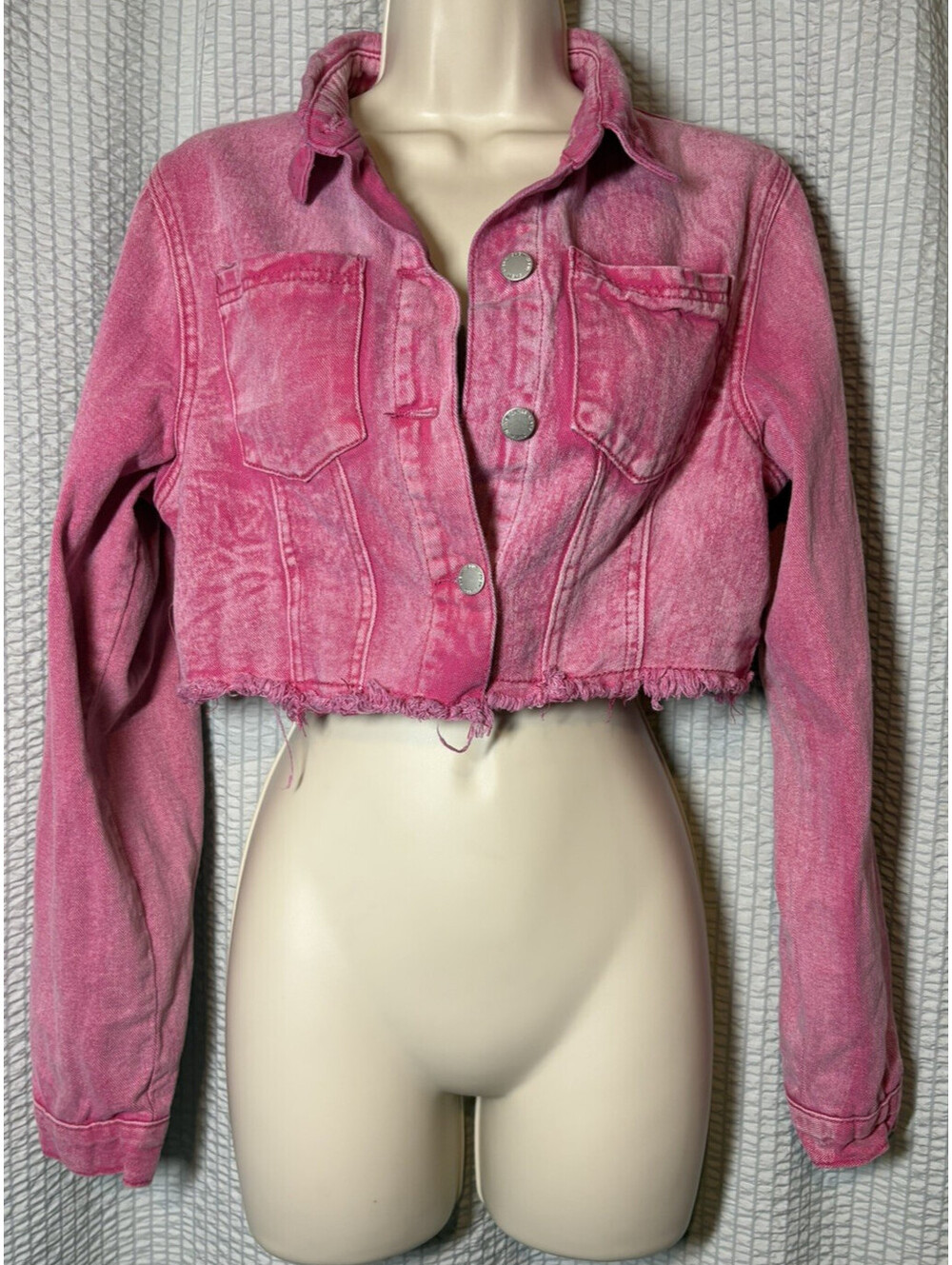 SHEIN Women Size Medium "Dripset" Cropped Denim Jacket Raw Hem Distressed Pink